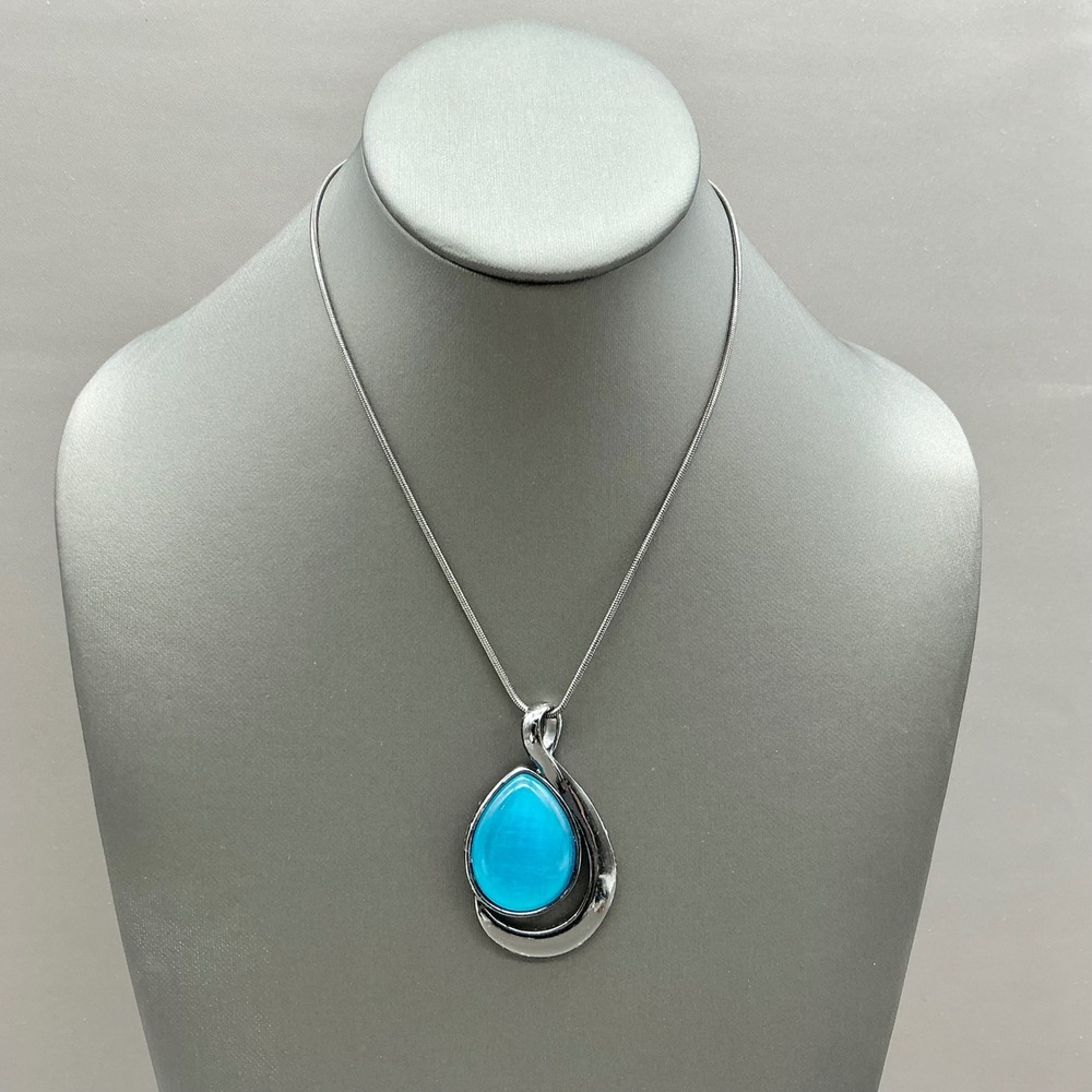 Lia Sophia Necklace Blue Teardrop Pendant Silver Tone Snake Chain 16-18"